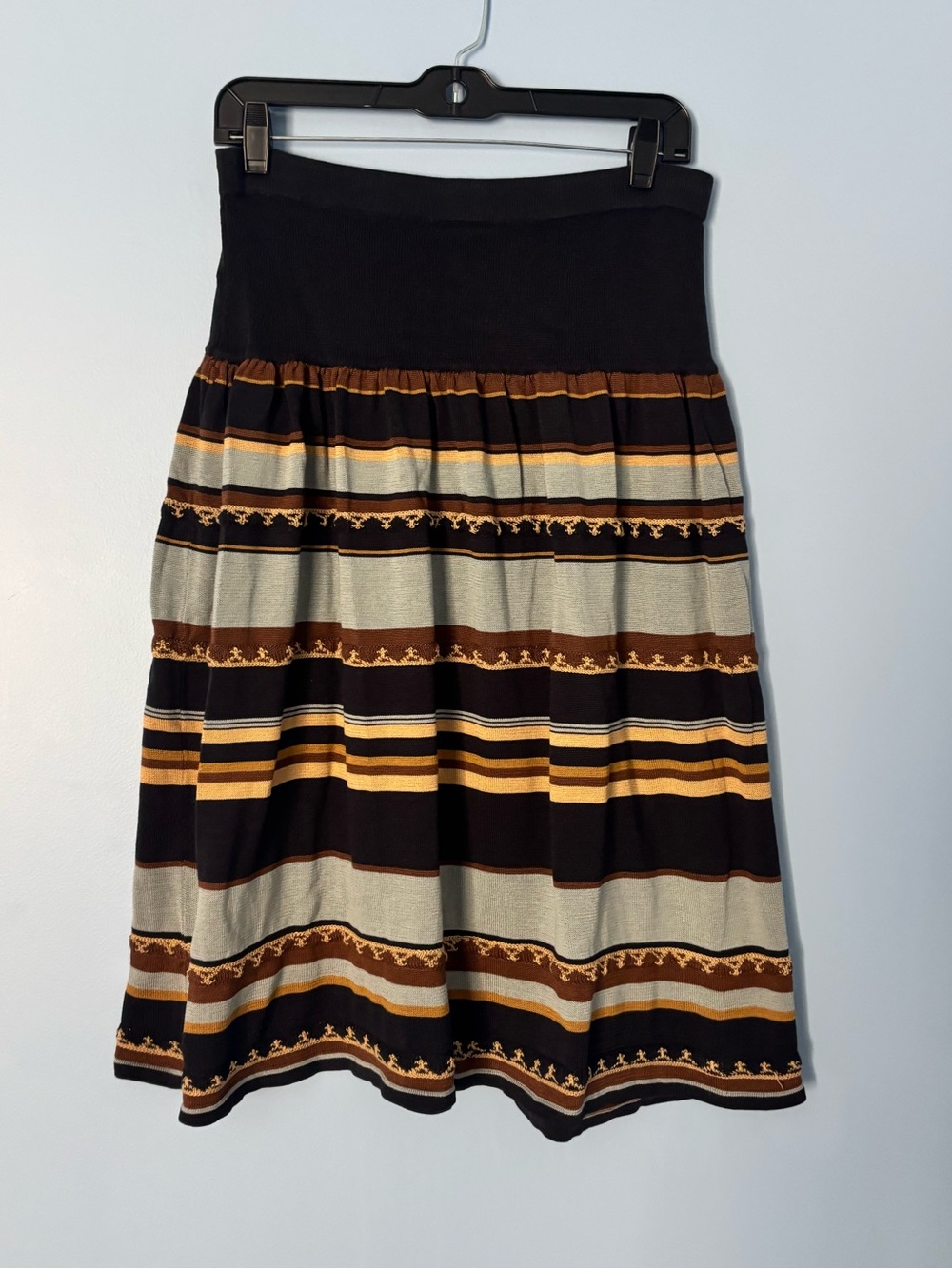 Peruvian Connection Black, Cream & Brown Striped Knit Midi Skirt